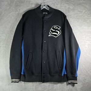 Stussy Bomber Varsity Jacket Mens Size L Large Black Snap Up World Tribe Cotton
